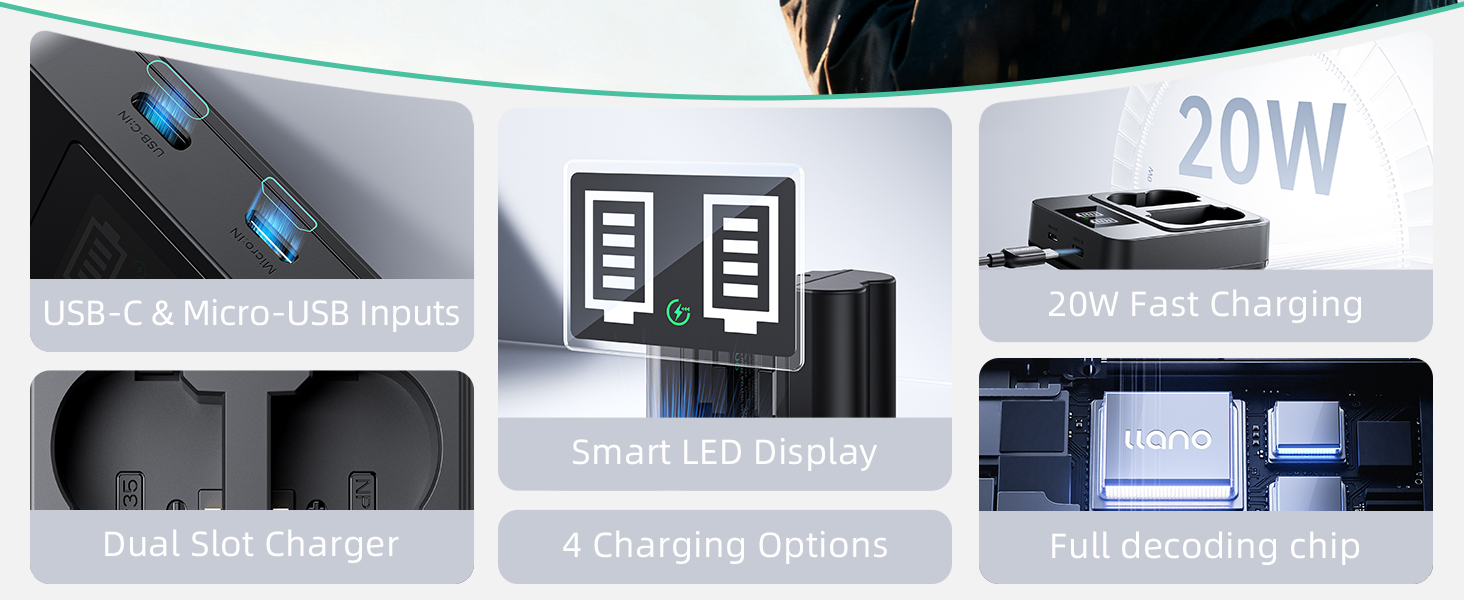 Technical diagram showing multiple charging features: USB ports and charging indicators displayed in separate panels with white outlines on dark background.