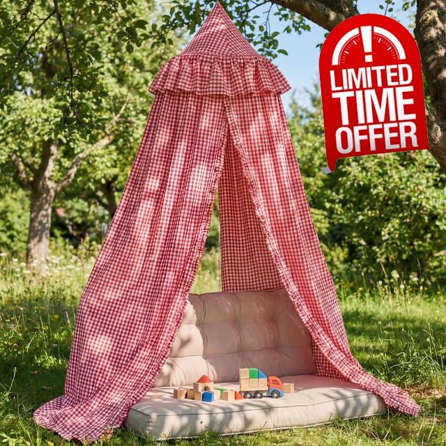 SmoothNovelty Gingham Plaid Bed Canopy with Ruffles Soft Vintage Style Decorative Tent for Reading Nook Play Area or Adult Bedroom Circus Tent Canopy (Red)