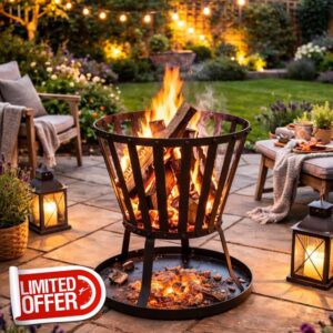 Carbeth Plants Patio Fire Basket Brazier - Heavy Duty Steel Outdoor Fire Pit - Burns All Solid Fuels - Garden Fire Bowl with Ember Base Plate