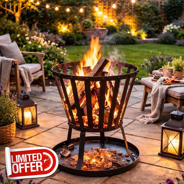 Carbeth Plants Patio Fire Basket Brazier - Heavy Duty Steel Outdoor Fire Pit - Burns All Solid Fuels - Garden Fire Bowl with Ember Base Plate