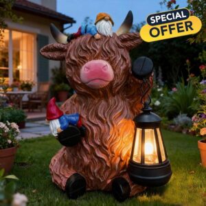 Garden Ornaments Outdoor Solar Highland Cow Gnomes Statues - Garden Decor Gnome Figurine with Solar Lantern
