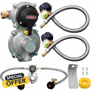 Rv Propane Regulator 2-Stage Auto Changeover with 2 Pack 18'' Stainless Braided QCC1 1/4" Inverted Male Flare RV Pigtail Propane Hoses with Gauge