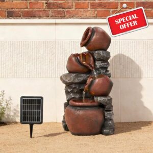 BTGGG Solar Water Fountain 4 Tier Brick Pottery Pot Shaped Outdoor Garden Water Feature Solar Powered Outdoor Garden Water Fountain with Lights