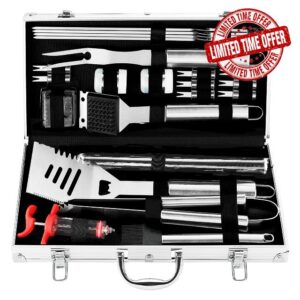 grilljoy 24PCS Stainless Steel BBQ Tool Set with Aluminum Case – Heavy Duty BBQ Cooking Accessories Kit – Ideal Outdoor Grill Tool Set Gift for Men Dad Husband – Birthday & Camping