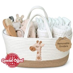 Giraffe Diaper Caddy Organizer for Baby – Cotton Rope Nursery Storage Basket 17"x10.5"x7" with Removable Dividers – Portable Changing Table Organizer