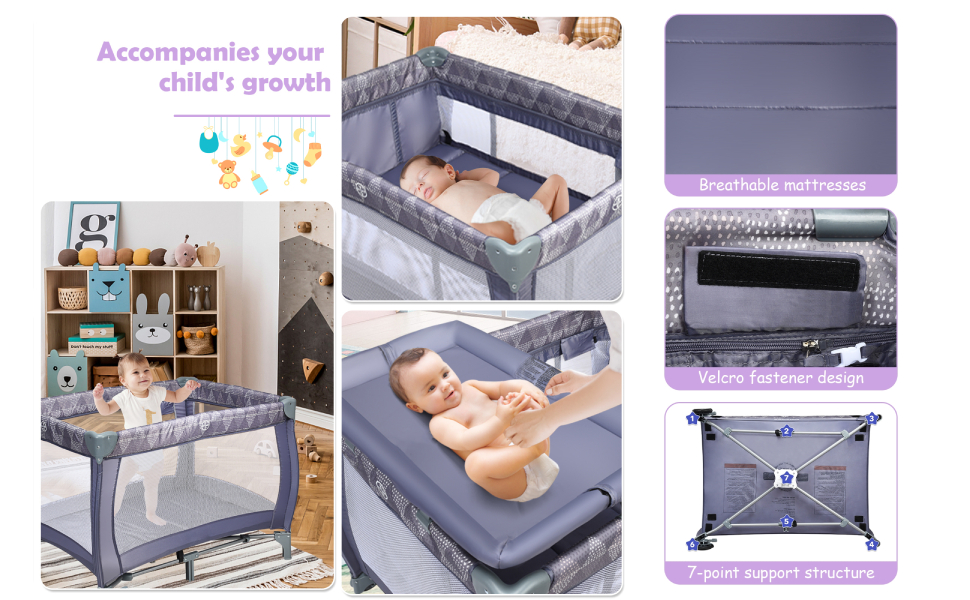 Text reads: 'Baby Travel Cot'. Portable baby playpen/cot setup in living room setting with mesh sides and navy blue fabric.