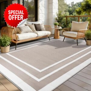 Outdoor Rugs for Patios Beige 180x270cm Waterproof Plastic Picnic Blanket Reversible Garden Rugs Outdoor UV Resistant Lightweight Camping Mat for Beach Balcony Deck Backyard RV BBQ