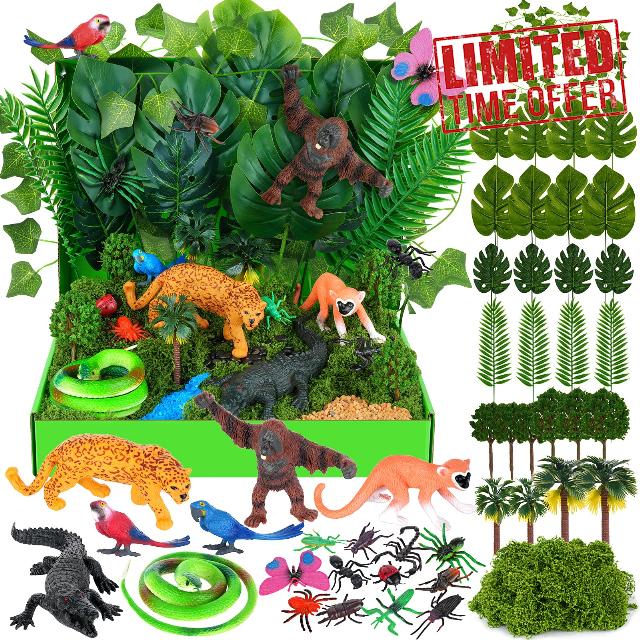 Draupnir Rainforest Animals Figures 47 Pcs Rainforest Diorama Kit Realistic Diorama Box Habitat Project Box Set Animals Model Scenery Kit DIY Crafts