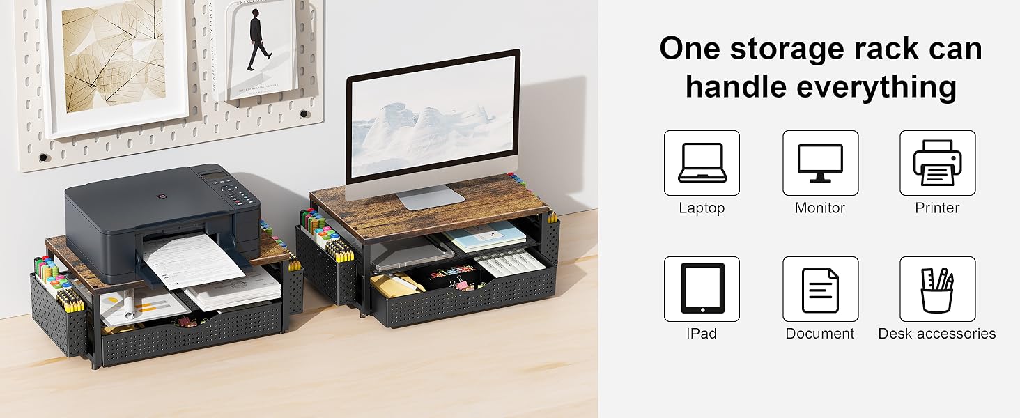 Text reads 'Before' and 'After'. Comparison photos of desktop workspace setup with monitor, keyboard, and mouse, showing organization transformation.