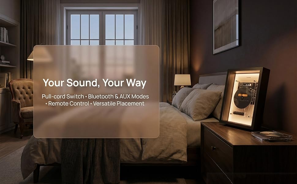 Text reads 'Your Sound, Your Way'. Dark, moody bedroom setting featuring wireless audio device on nightstand with ambient lighting.