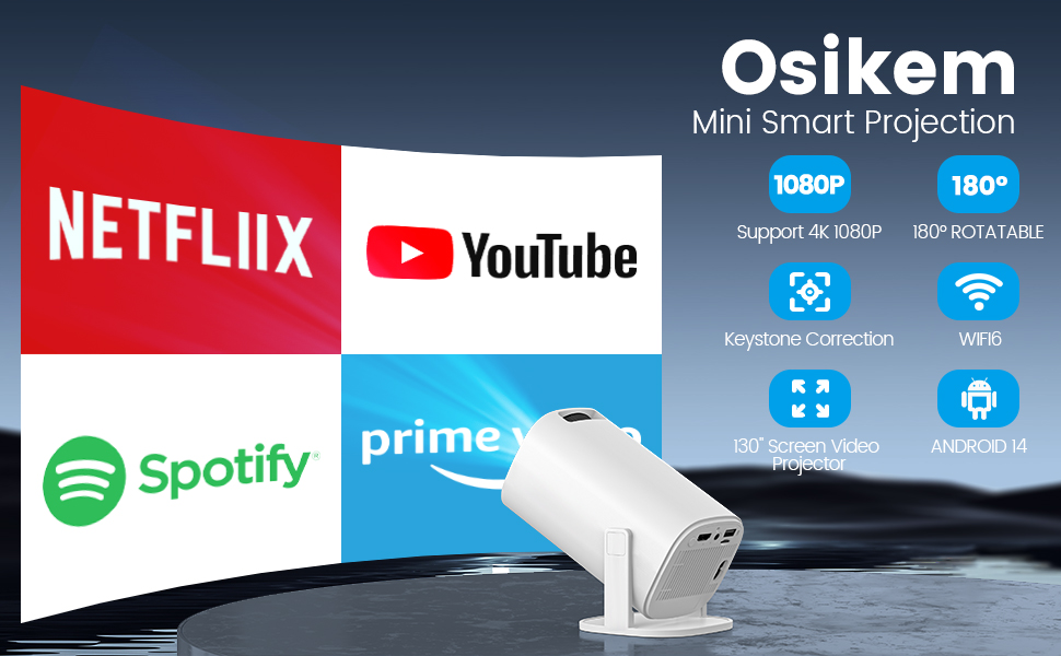 Text reads 'Osikom Mini Smart Projection'. Product logos displayed include Netflix, YouTube, Spotify, and Amazon Prime, showing streaming service compatibility.