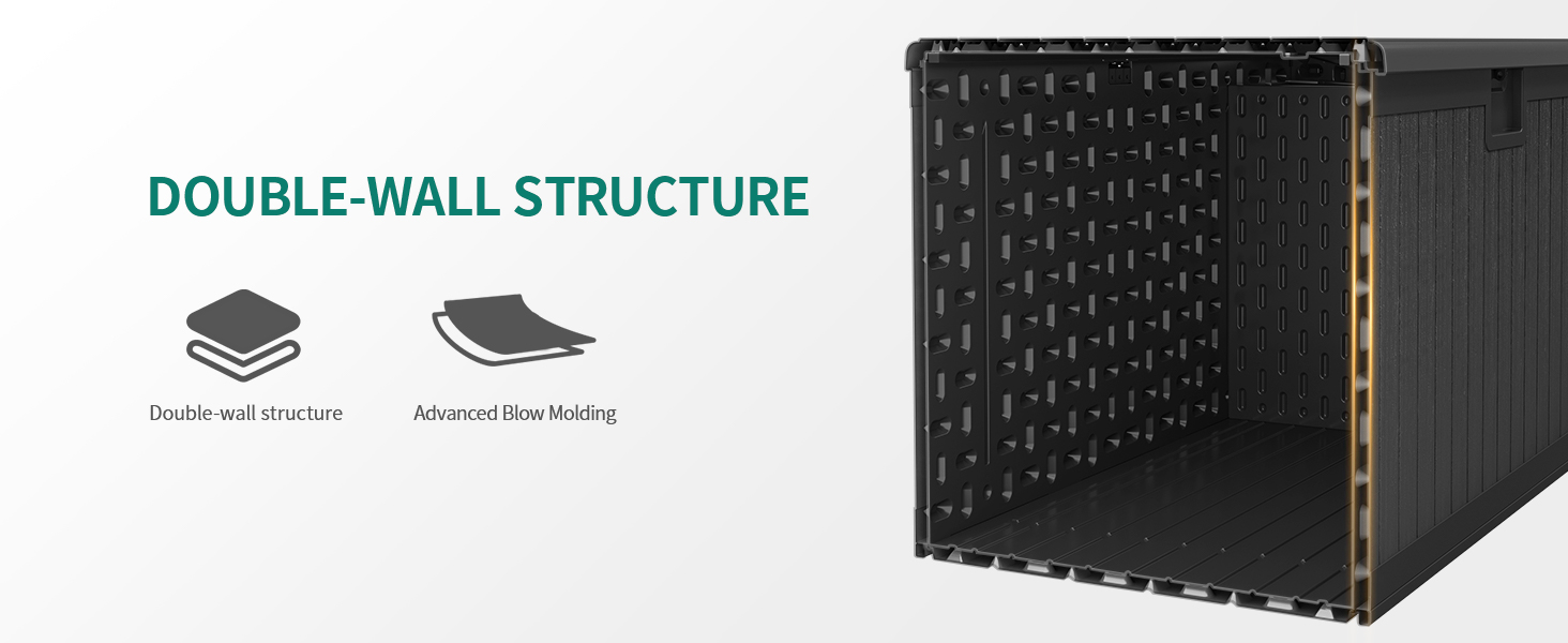 Text reads 'DOUBLE-WALL STRUCTURE'. Technical diagram showing layered construction of a double-wall panel or container system with black geometric pattern.