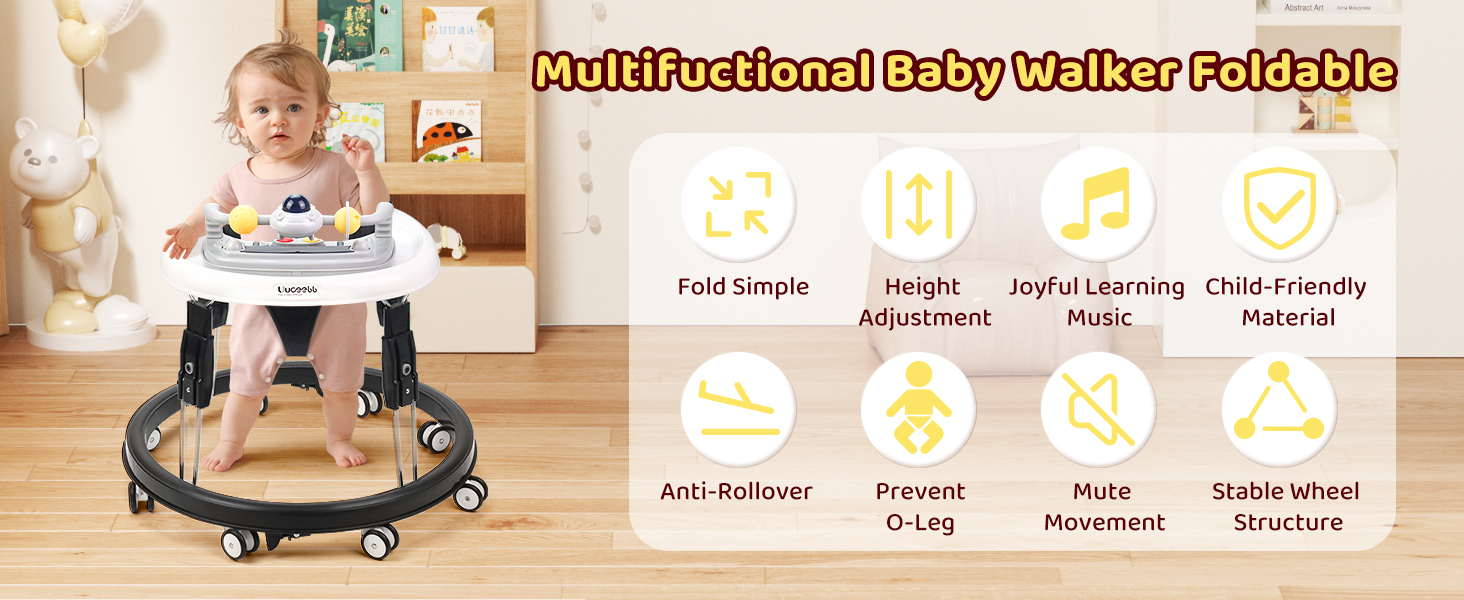 Text reads 'Multi-Functional Baby Walker Foldable' with feature icons below. Baby walker with circular frame, multiple activity functions, storage basket. Icons indicate music, lights, and various developmental activities. Product shown in home setting with infant.