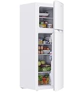 White compact refrigerator with multiple interior shelves shown both closed and open, displaying food storage capacity and organization options.