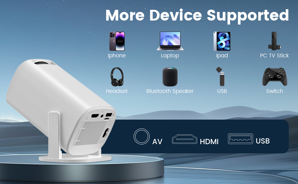 Text reads 'Bluetooth 5.1', '1080P', 'Built-in quality system', 'Automatic correction', 'Brightness', '30-stretch' with technical icons. Blue and orange interface elements shown.