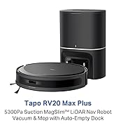 Text reads: 'Tapo RV20 Max Plus' and 'S300PA Suction SmartGlide&trade; LiDAR Nav Robot Vacuum & Mop with Auto-Empty Dock'. Multiple views of a black cylindrical robot vacuum with charging dock.