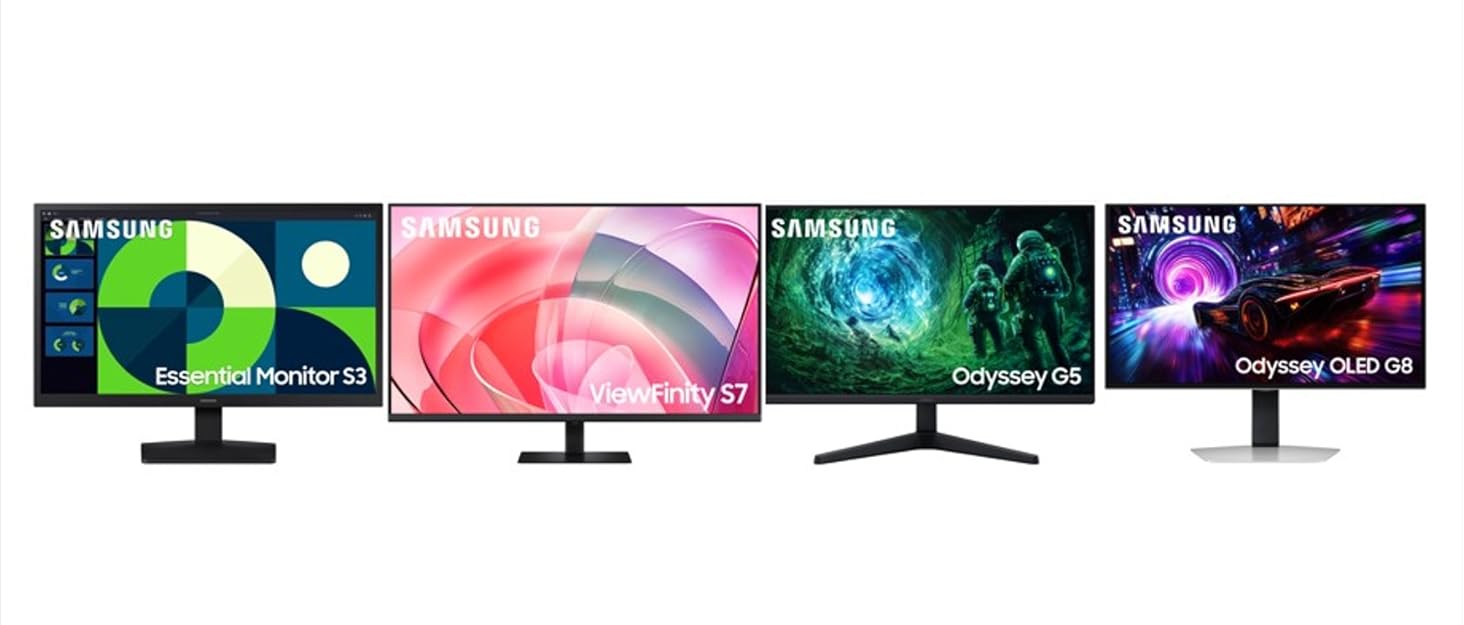 Series of gaming monitors displayed side by side, showing different screen sizes and stands. Appears to be product lineup comparison.