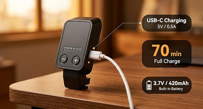 Text reads 'USB-C Charging 5V/1.6A', '3.7V 420mAh', '70 min Full Charge'. Close-up of charging device specifications and battery details against warm-toned background.