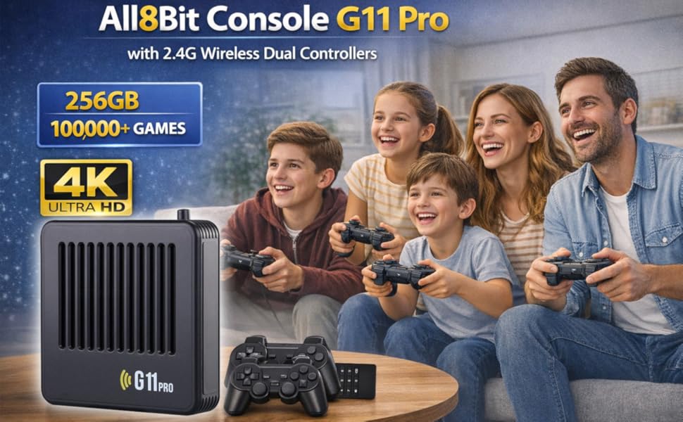 Text reads 'All8Bit Console G11 Pro' '256GB' '100000+ GAMES' '4K'. Gaming console product image with group enjoying gameplay on screen.