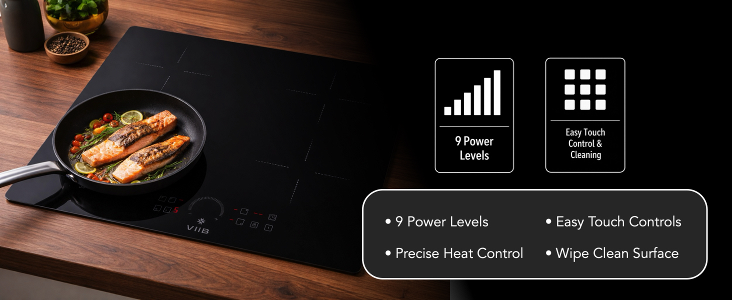 Product features display: '4 Power Levels', 'Easy Touch Controls', 'Precise Heat Control', 'Wipe Clean Surface'. Shows cooking surface with food in pan.