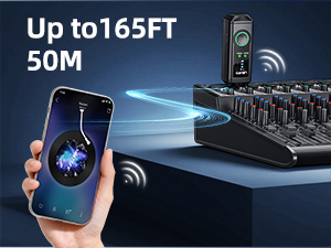 Text reads 'Up to 165Ft 50M'. Product image showing black wireless router or networking device with blue LED indicators.