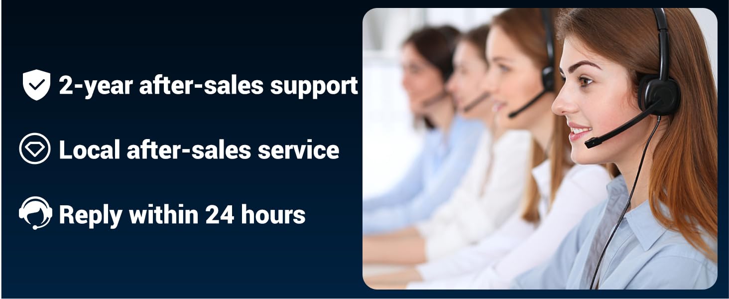 Text reads: '2-year after-sales support', 'Local after-sales service', 'Reply within 24 hours'. Customer service representatives wearing headsets in professional office setting demonstrating support services.