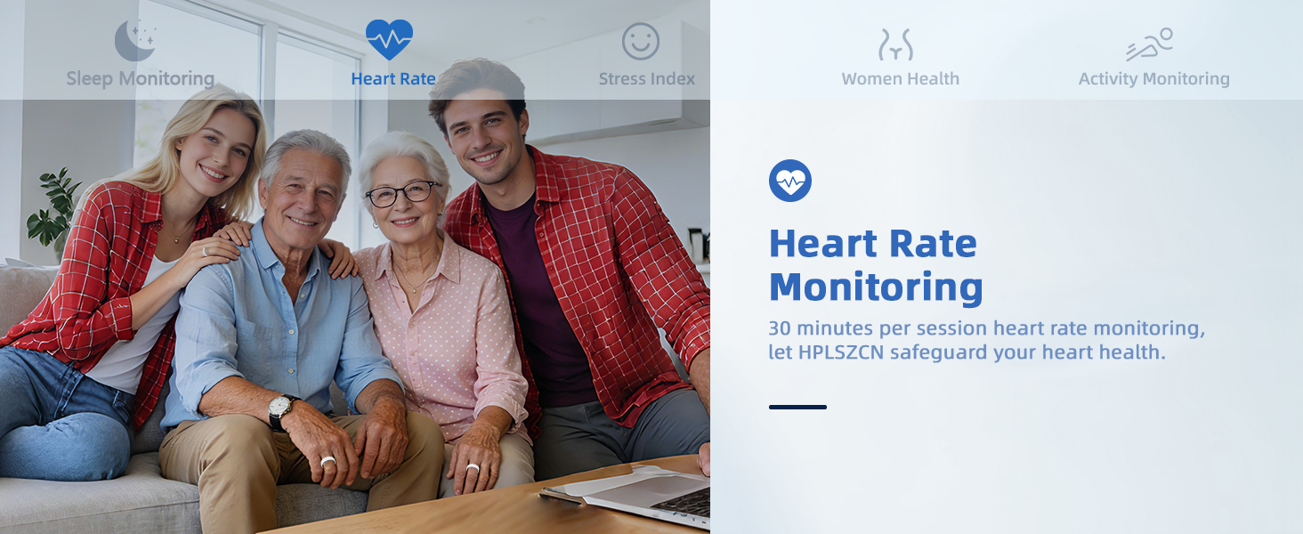 Text reads 'Heart Rate Monitoring', 'Monitoring'. Health monitoring interface showing heart rate features with people viewing device screens.