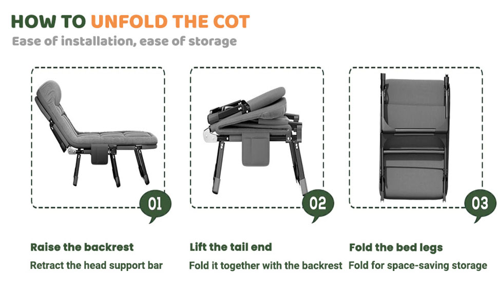 Text reads 'HOW TO UNFOLD THE COT' with step-by-step illustration showing three stages of unfolding a portable cot or chair with labeled actions.