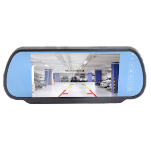 7-inch vehicle display monitor with adjustable stand, showing blue car on screen. Features black plastic housing and mounting bracket.
