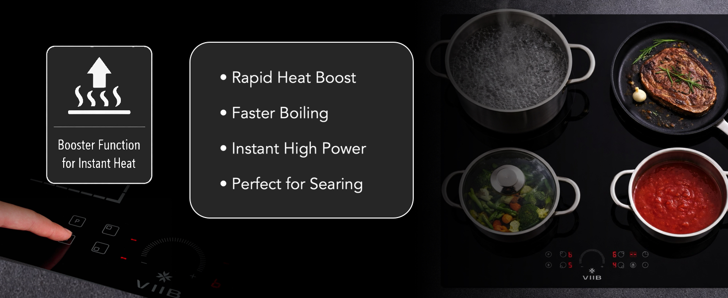 Text reads 'Royal Heat Boost', 'Power saving', 'Linear heating power', 'Perfect for cooking'. Black interface panel showing cooking-related icons and text.
