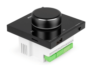 Technical product photos of a white circular device with camera lens, shown from multiple angles against white background.