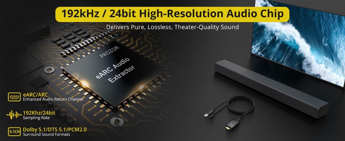 Text reads 'Upgrade to eARC — Advanced Audio Output for Modern TVs'. Lifestyle images showing home entertainment setups and audio equipment installations.