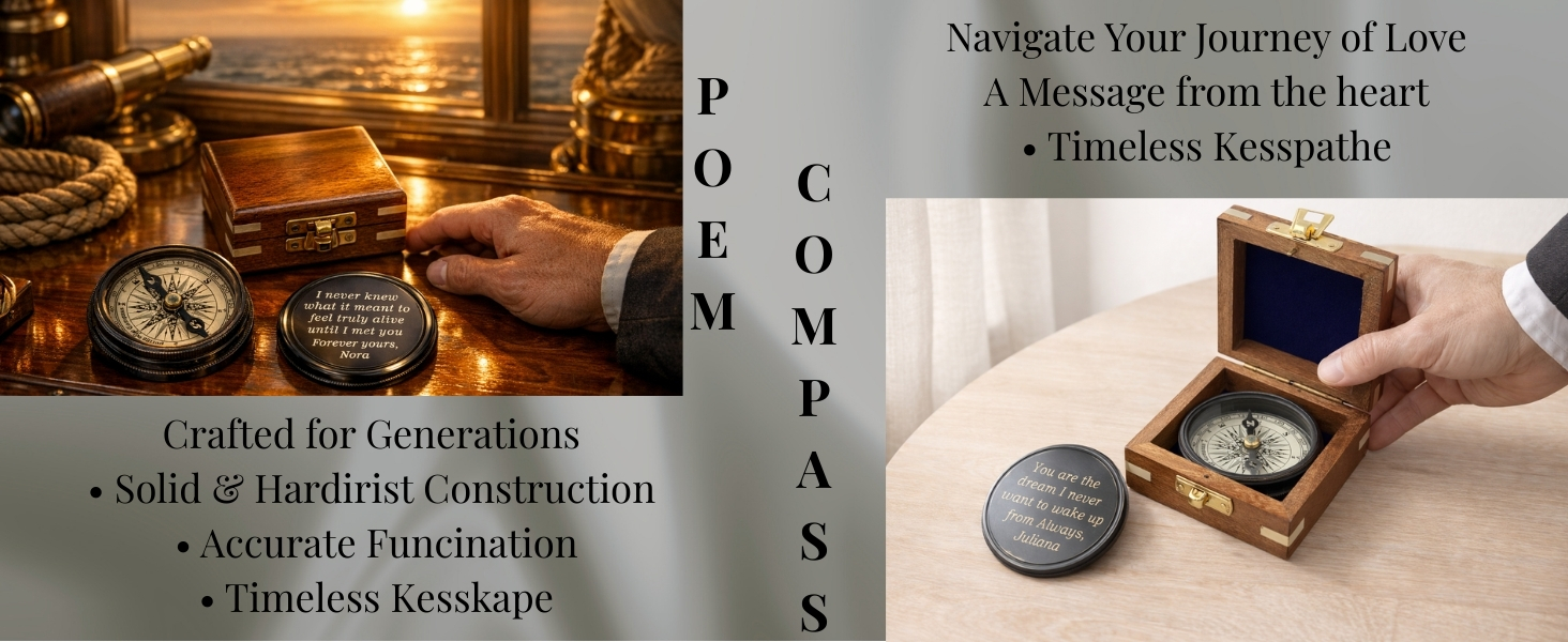 Text reads: 'Navigate Your Journey of Love', 'A Message from the heart', 'Crafted for Generations', 'Timeless Keepsake', 'Solid & Hardcraft Construction', 'Accurate Punctuation'. Product marketing images with romantic sunset scenes.