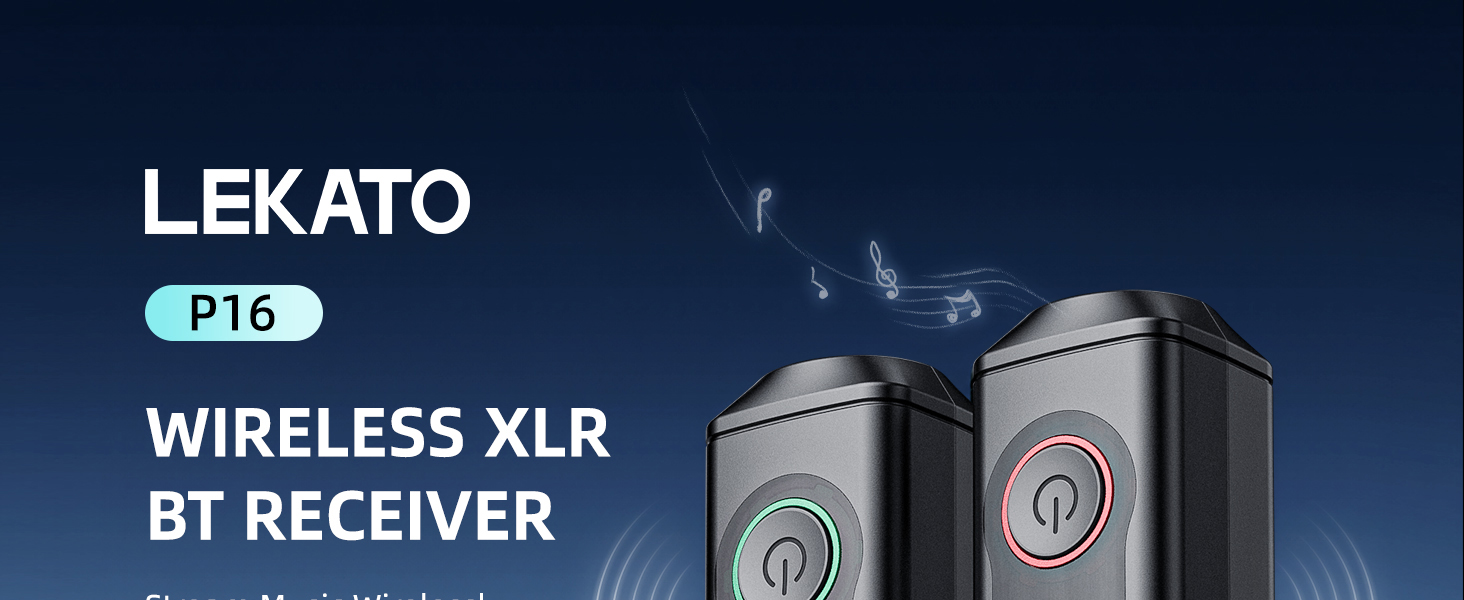 Text reads 'LEKATO P16 WIRELESS XLR BT RECEIVER'. Product image shows two black wireless receivers against dark blue background.