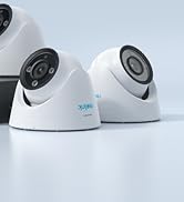 Reolink security system featuring a black DVR unit with two white dome cameras positioned on either side.