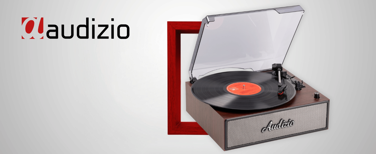 Text reads 'aduizio'. Multiple angles of a modern record player or turntable with wooden base and metal components, showing various design details.