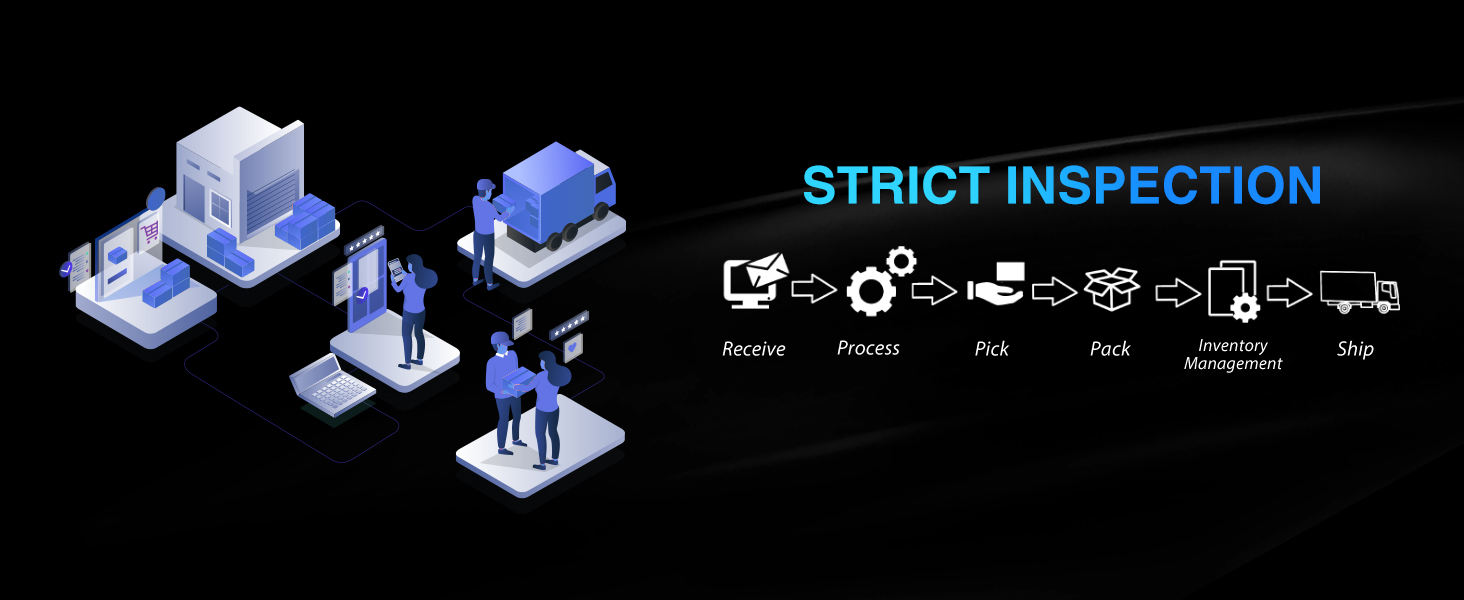 Text reads 'STRICT INSPECTION'. Isometric technical diagrams showing manufacturing or quality control process steps with blue accents.