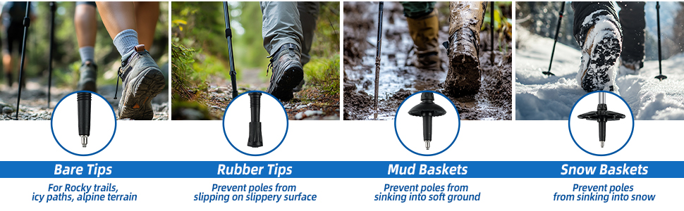 Text reads: 'Ankle Tips, Support & Base Surface, Mud Erasers, Snow Baskets'. Four images showing hiking boot attachments and accessories for different terrain conditions.