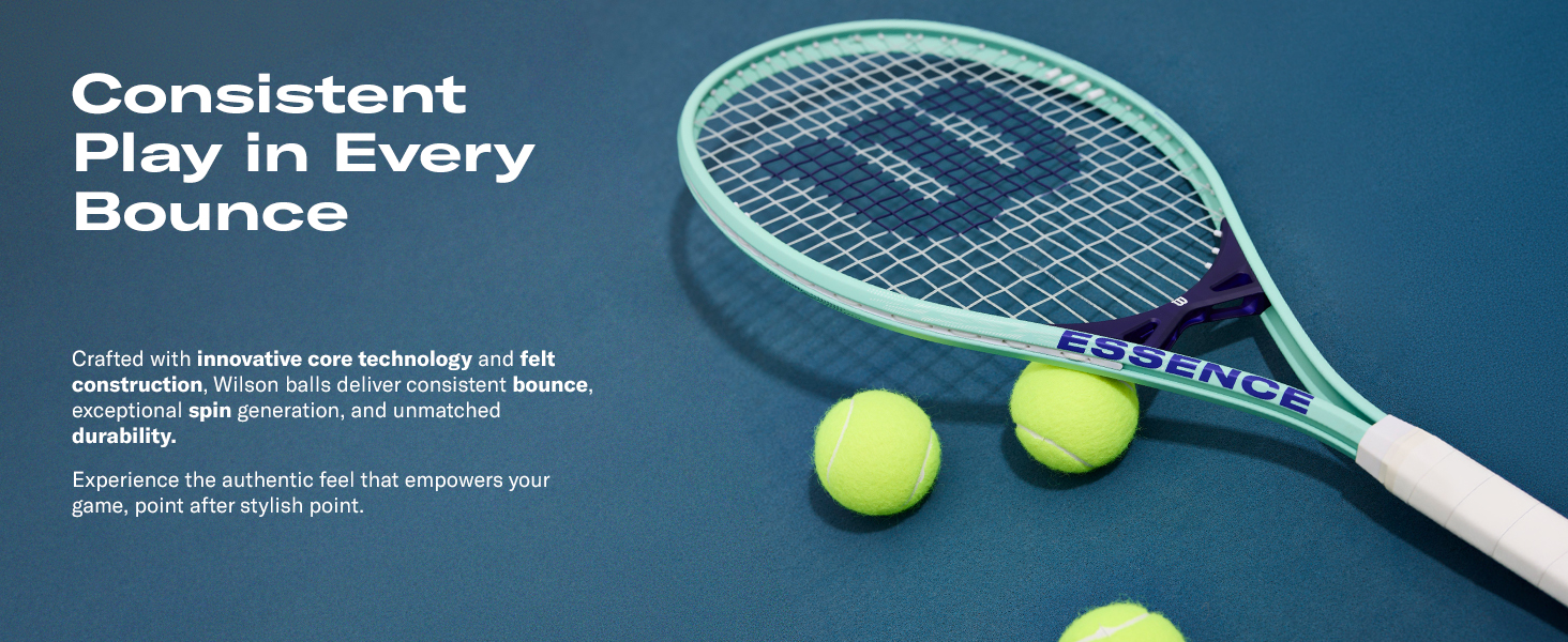 Text reads 'Consistent Play is Every Bounce'. Tennis racket with two yellow tennis balls on teal-blue background graphic with technical specifications text visible but not fully legible.
