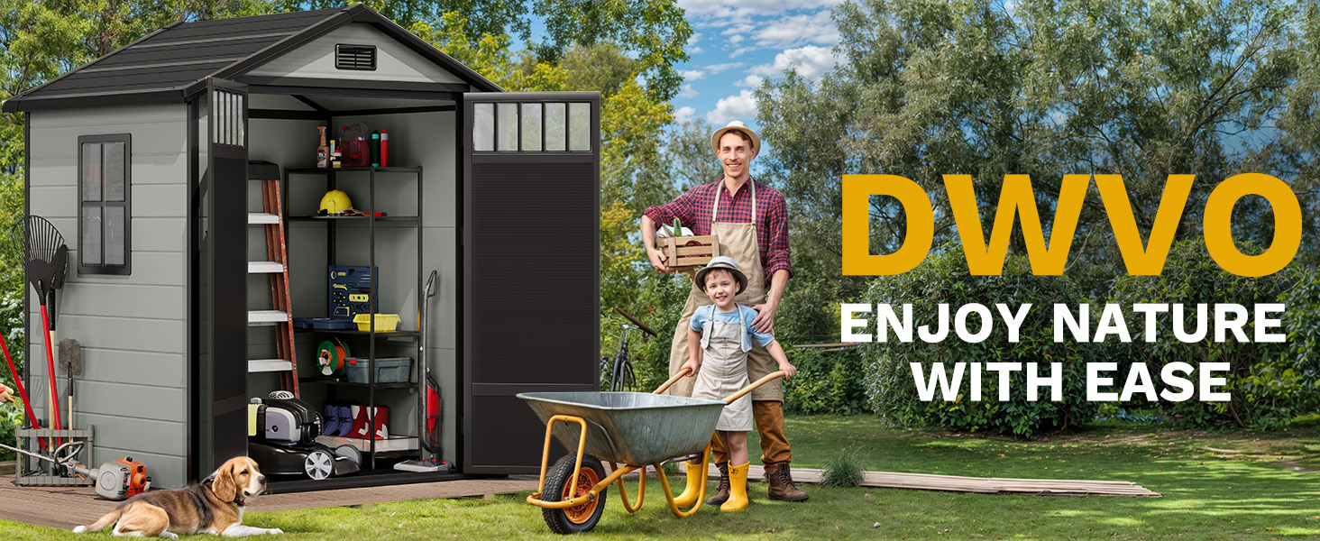 Text reads 'DWVO ENJOY NATURE WITH EASE'. Shows garden shed or outdoor storage building with people arranging items outside.