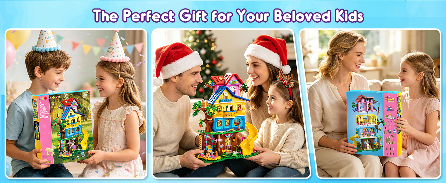 Colorful toy playset featuring multi-level wooden treehouse structure with yellow slide, pink and purple playsets, and miniature animal figurines on green base.
