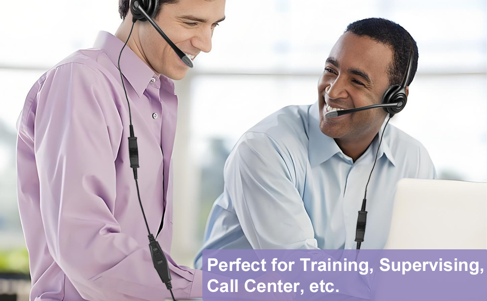 Text reads 'Perfect for Training, Supervising, Call Center, etc.' Professional office setting with people wearing headsets in customer service environment.