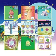 Colorful circular icons arranged in mandala pattern on blue-pink gradient background. Icons display various cute character designs in pastel colors.