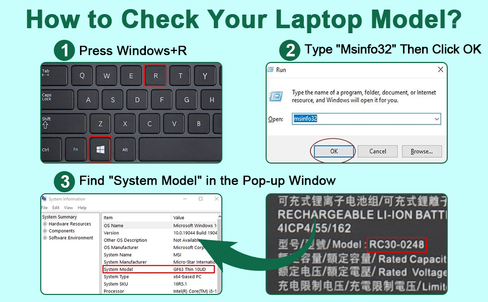 Text reads 'Li-ion Replacement Battery', displays icons for 'Capacity', 'Voltage', 'Battery Type'. Shows laptops on desk with battery specifications interface.