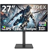 Text reads "AGEX A27Q." Gaming monitor displayed on desk setup showing first-person shooter game on screen with keyboard and mouse peripherals visible.