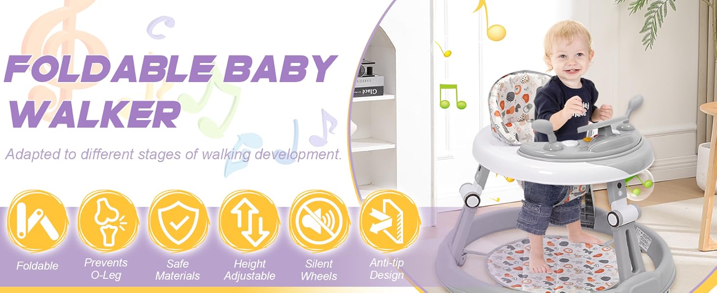 Text reads 'FOLDABLE BABY WALKER'. Product advertisement showing baby walker with activity features, includes circular icons indicating product benefits.