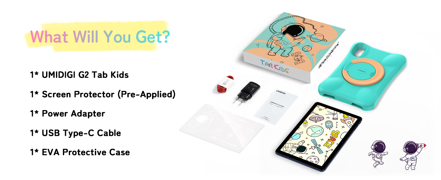 UMDIGI G2 Tab Kids product package contents showing tablet, screen protector, power adapter, USB-C cable, and protective case in turquoise color.