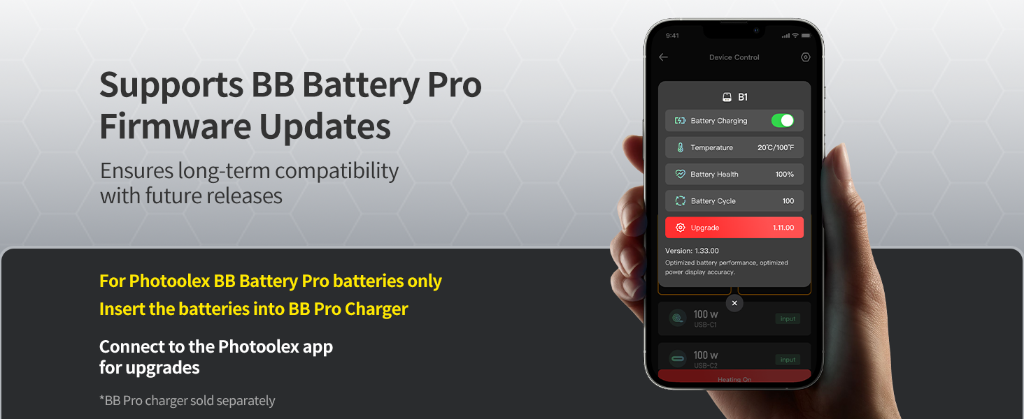 Text reads 'Supports BB Battery Pro Firmware Updates' and mentions compatibility features. Smartphone displaying firmware update interface with charging cable connected.