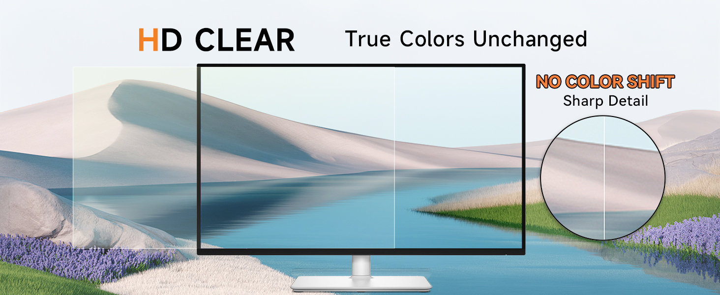 Text reads 'HD CLEAR' and 'True Colors Unchanged'. Display monitor showing landscape with water and lavender field. Circular detail showing color accuracy comparison through lens.