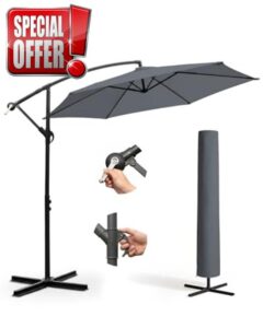 KEPLIN 3M Cantilever Garden Parasol with Cover & 4pc Fillable Base Set – 6 Ribs 180GSM UV Resistant Water Repellent Umbrella with Crank Handle